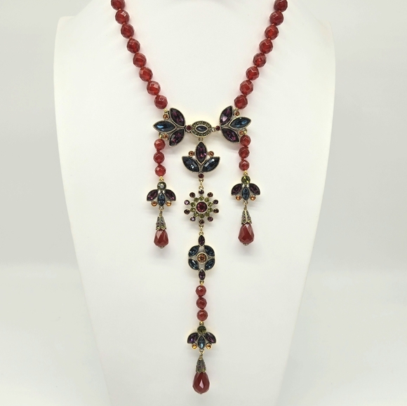 Heidi Daus Genuine Carnelian and Swarovski Crystal Hidden Front Closure Necklace - Picture 1 of 11